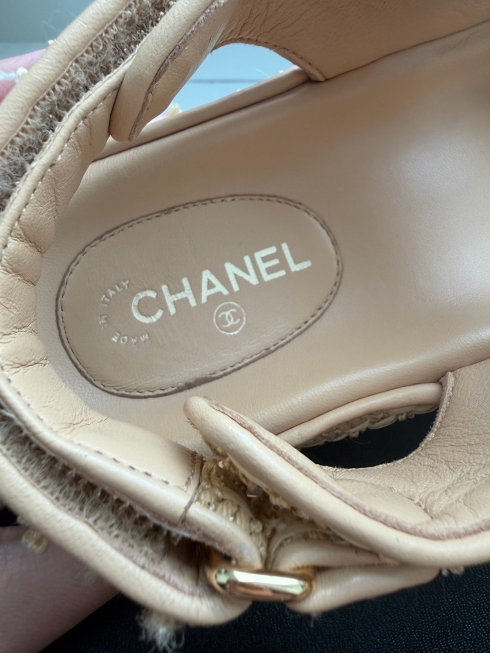 CHANEL Raffia Pearl Dad Sandals 37 Beige 21C CC Logo Velcro - Picture 12 of 16